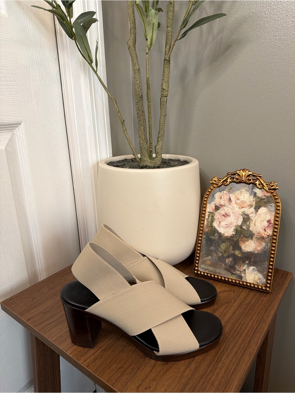 Rapisardi Ron White Made In Italy Beige Stretch Block Heel Sandals EU 37 - Picture 2 of 9